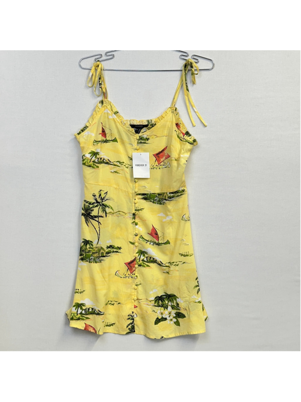 Forever 21 Girls Tropical Hawaiian Sundress Yellow Tie Strap Size S NWT